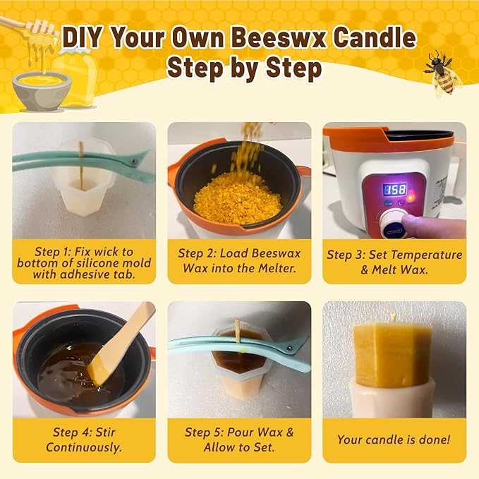 Beeswax Candle Making Kit, 2LB Beeswax Candle Making Supplies with Electric Wax Melter, 100% Organic Beeswax Pellets for Lip Balm, Lotion, Furniture Polishing & Soap Making Ideal for Home Craft