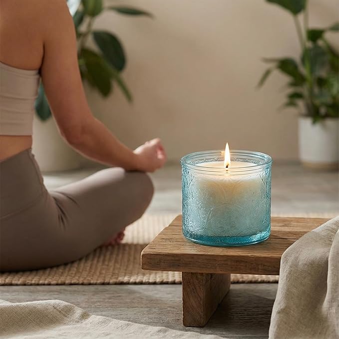 10 oz Embossed Glass Candle Container with Bamboo Lids and Labels,Blue Candle Jars for Making Candles,Mandala Design - Pack of 9