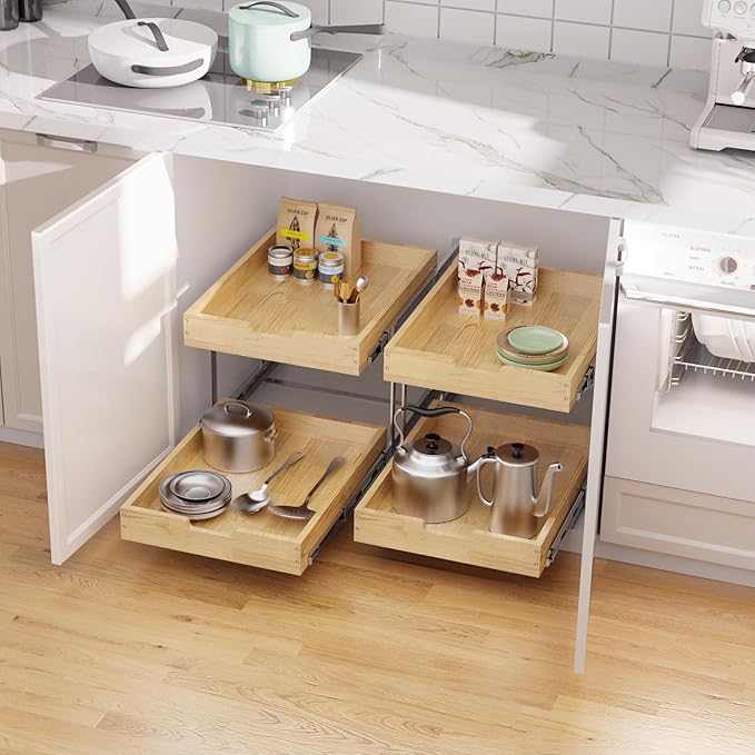 Sikarou Wood Pull Out Cabinet Organizer 2 Tie 17" W x 21" D, Heavy-Duty Sliding Drawers for Inside Cabinets Storage and Organization for Kitchen, Pantry, Bathroom