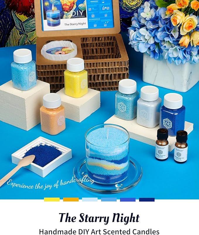 The Starry Night DIY Pearled Candle Sand Set - 11 Oz Sand Wax Beads (6 Colors), 2x10ml Scented Essential Oils, 4 Reusable Wicks, Glass Cup & Spoon, Home Decor & Handmade Gift & Craft Enthusiasts