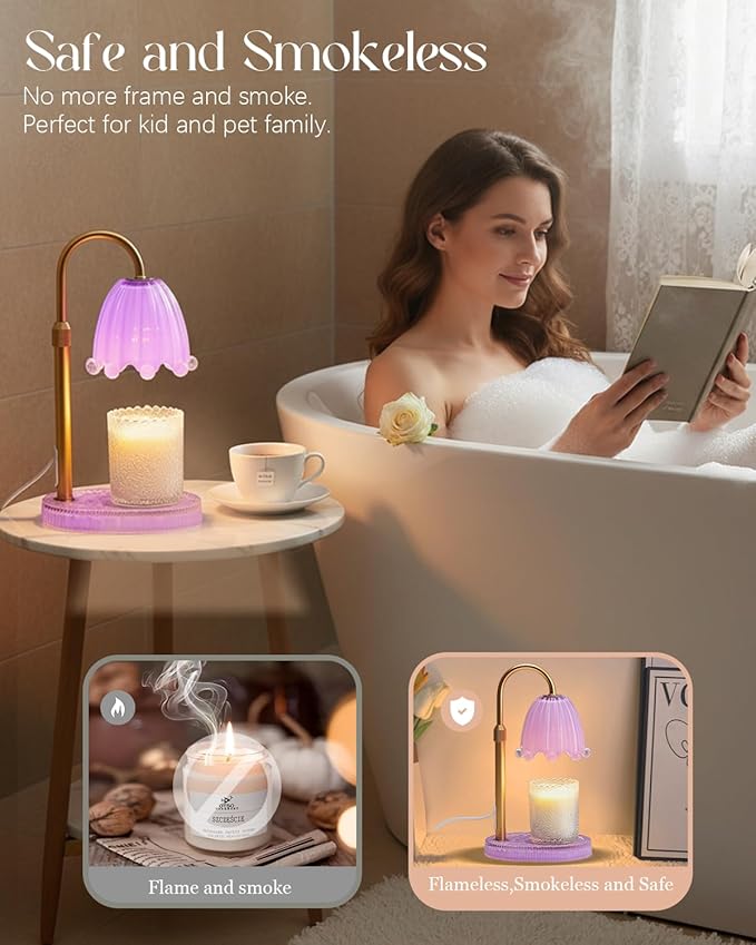 Flower Candle Warmer Lamp with Timer, Vintage Adjustable Glass Warmer Light for Jar Candles, Electric Wax Warming Melter, Gifts for Women Mom, Bedroom Decor (Purple-Flower)