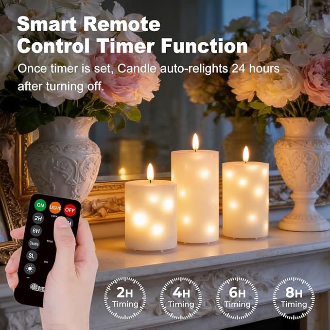 Rechargeable Glass LED Flameless Candles, Embedded Star String Flickering Flameless Candles for Romantic Ambiance and Home Decoration with Remote & Timer(White)
