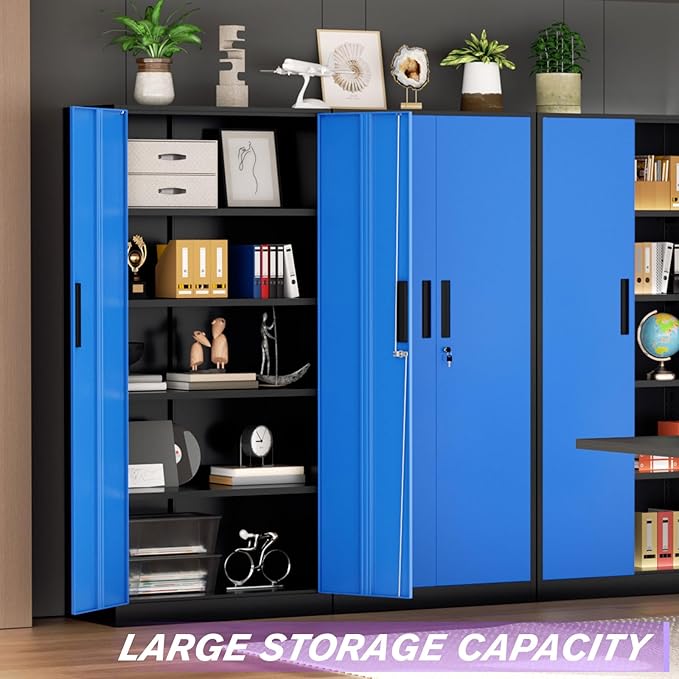 Superday Metal Storage Cabinets, 71" Storage Cabinet with Locking Door, Tall Garage Cabinet with 2 Doors and 4 Adjustable Shelves for Home Office, Classroom, Easy Assemble(Black Blue)