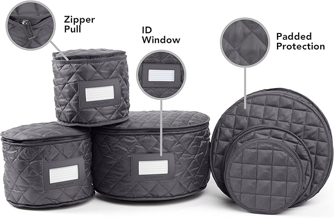 Covermates Keepsakes Dish Storage Set – Padded China & Dinnerware Storage Cases with Dividers, Cup & Stemware Storage, Quilted Polyester Protection, ID Window, Slate