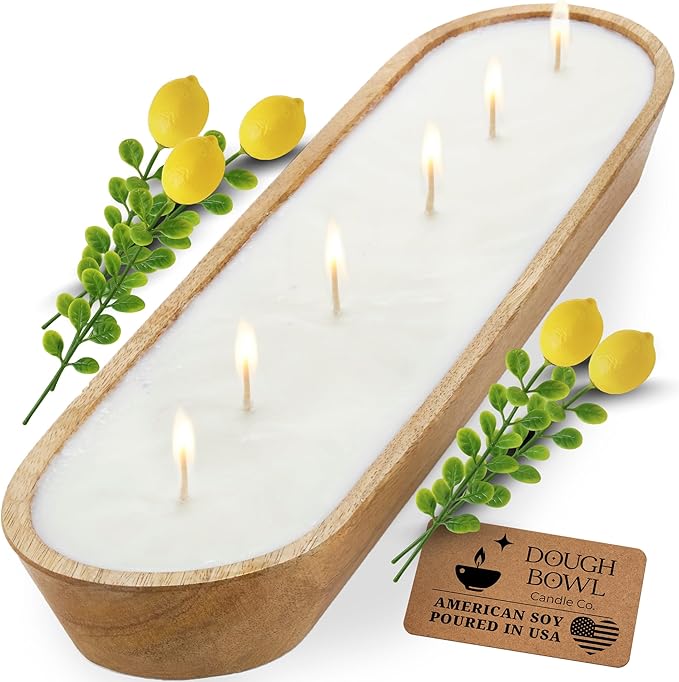 Dough Bowl Candle Co. Lemon Poundcake Soy Candle - 6 Wick Rustic Farmhouse Coffee Table Decor, Odor Eliminator in Wooden Bowls, 32 Ounce Wooden Dough Bowl Candle, All-Natural Gifts for Women and Men