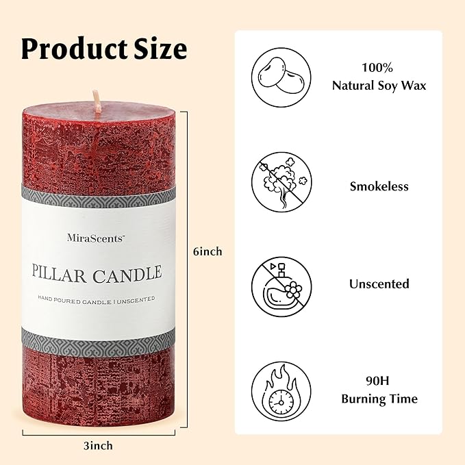 3x6 Inch Burgundy Pillar Candles Set of 3 - Hand-Poured Unscented Candles, Long Clean Burning, Dark Red Pillar Candle, Smokeless Dripless Candle for Dinner Table, Wedding, Home, Rustic Decor