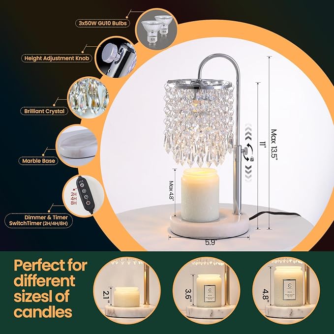 Candle Warmer Lamp with Timer Dimmer and 3 Bulbs, Lamp Candle Warmer with Marble Base,Wax Melt Warmer for Jar Candles, Birthday Gifts for Women Mom, House Warming Gifts New Home Decor