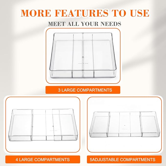 Briwooody 1 Pcs Large Expandable Acrylic Drawer Organizers, Grid Adjustable Drawer, Dividers Organizer for Desk, Makeup, Jewelry, Office, Kitchen Supplies (Clear,5 Compartments)