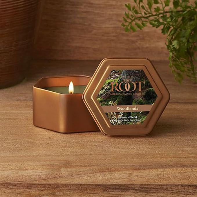 Root Candles Fall Scented Candles in Travel Tin 24-Hour Honeycomb Traveler Handcrafted Beeswax Blend Candle, 4-Ounce, Woodlands