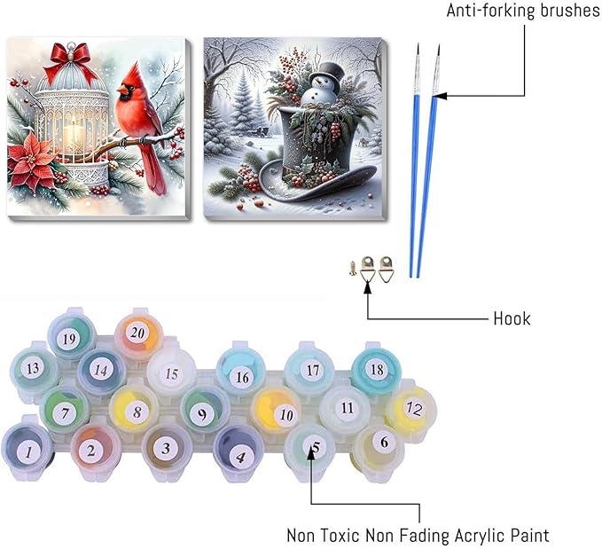2 pack Snowman Paint by Numbers Kit for Adults Beginner With Framed,Winter Cardinal Easy Adult Paint by Number Kits on Canvas DIY Painting for Beginners Art by Numbers for Home Wall Decor 10x10 Inch