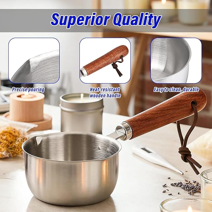 Wooden Handle Wax Melting Pot for Candle Making, Stainless Steel Pouring Pitcher with Spout, Heat-Resistant Handle for Melting Soy Wax, Beeswax, Ideal Candle Making Supplies for Beginners & Pros