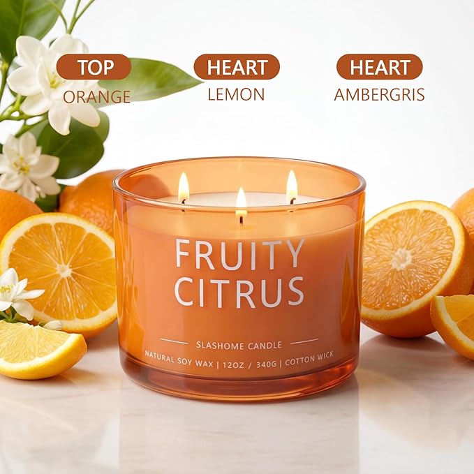 Fruity Citrus Scented Candle, Luxury Large 3 Wick Soy Candle 12 Oz, 60+ Hour Long Lasting Clean Burn, Elegant Aromatherapy Home Decor, Housewarming & Birthday Gift for Women & Men