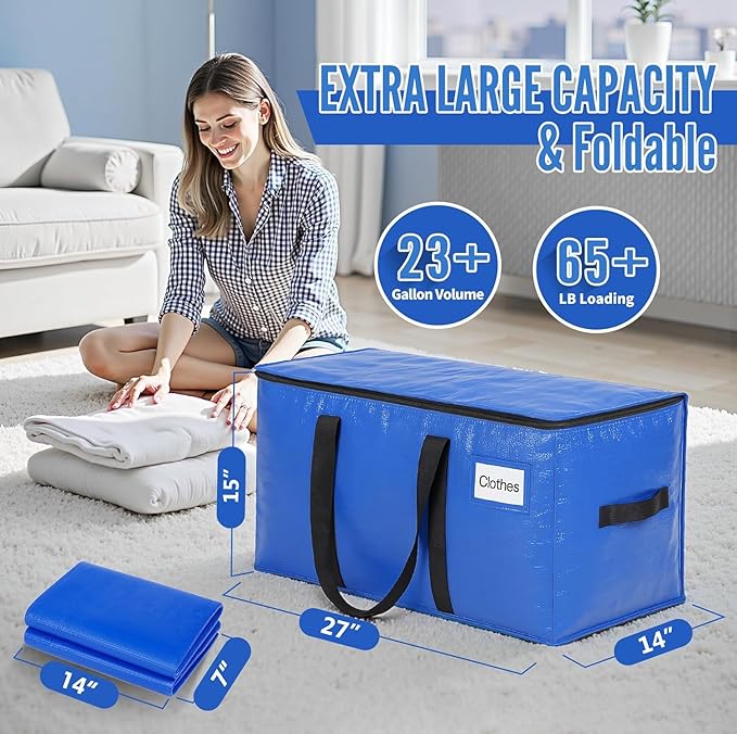 BAGAIL Heavy Duty Moving Bags with Strong Handle, Extra Large Moving Boxes, Storage Tote for Clothes, College Moving Supplies(Blue, 6 Pack)