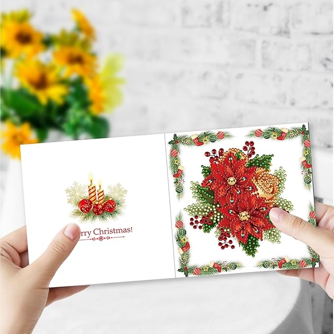 DIY Diamond Art Christmas Greeting Card, Diamond Art Christmas Greeting Card, Christmas Cards, Handmade Christmas Card Making Kits for Family & Friends-Christmas Poinsettia
