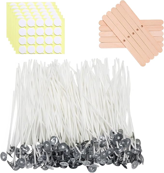 Pre Waxed Cotton Candle Wick for Candle Making, 120Pcs 6 inch with 120 pcs Wick Stickers and 10Pcs Candle Wick Holders