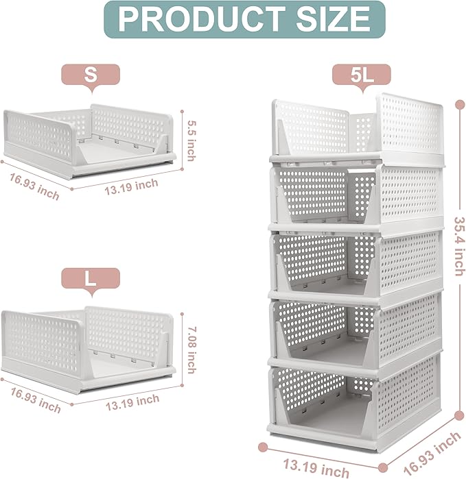 Goderewild 5 Pack Stackable Foldable Storage Baskets - Folding Storage Bins, Multifunctional Closet Organizers for Wardrobe, Cupboard - Space-Saving Clothes Storage Hat Organizer (White, 5L)