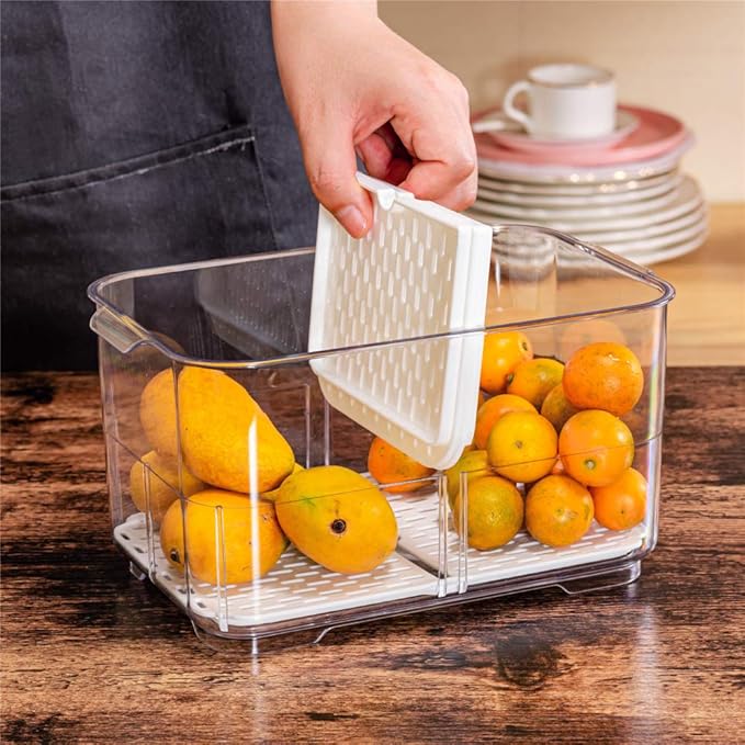 Slideep Food Storage Containers Fridge Produce Saver, Stackable Refrigerator Organizer Keeper Foldable lid with Removable Drain Tray for Produce, Fruits, Vegetables 5700 ml - 2 Pack