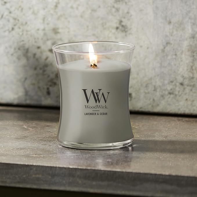 WoodWick Lavender & Cedar Holiday Candle Gifts for Women and Men, 9.7 oz Medium Hourglass Candle with Crackling Wick