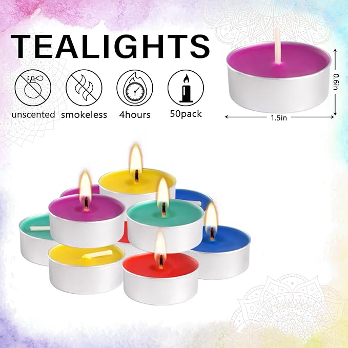 50 Pack Colored Tealights Candles - 4 Hour Burn Time Unscented Smokeless Tealight Candles for Home Decor, Parties, Weddings, Rituals