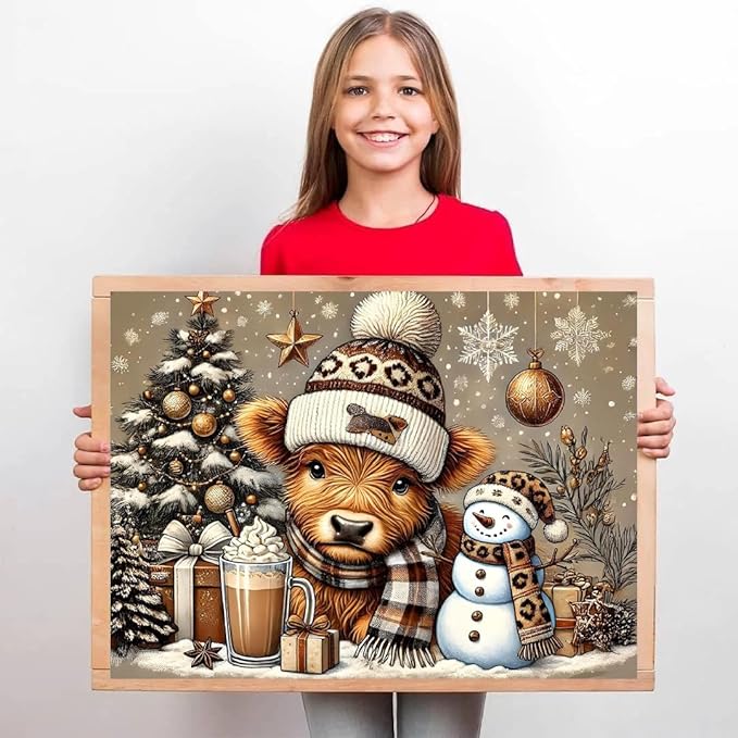 TCDZMYGS Christmas Paint by Numbers Kit for Adults Beginner,Highland Cow Paint by Number Kits with Frame,DIY Acrylic Oil Painting by Numbers for Home Wall Decor 9.5 x 11.8 inch
