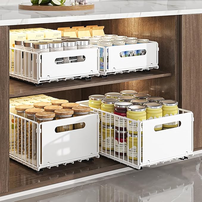 YunNasi Pull Out Cabinet Organizer Slide Out Drawer Storage Shelves Cupboard Organiser Sliding Cabinet Basket for Kitchen No Drilling and Nailing (White, 2Piece 9.8" W X15 D X 7.5" H)