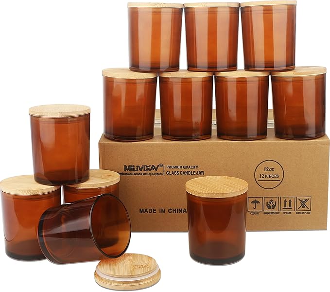 MILIVIXAY 12Pack 12 OZ Amber Thick Glass Candle Jars with Lids - Bulk Empty Candle Jar for Making Candles - Spice, Powder Containers.