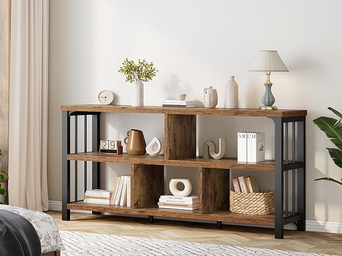 IBF 55” Bookshelf, 3 Tier Open Book Shelf, Wood Metal 5 Cube Storage Organizer, Modern Low Horizontal Bookshelf for Bedroom Living, Long Wide Office Cubby Bookcase with Storage, Rustic Brown, 55 in