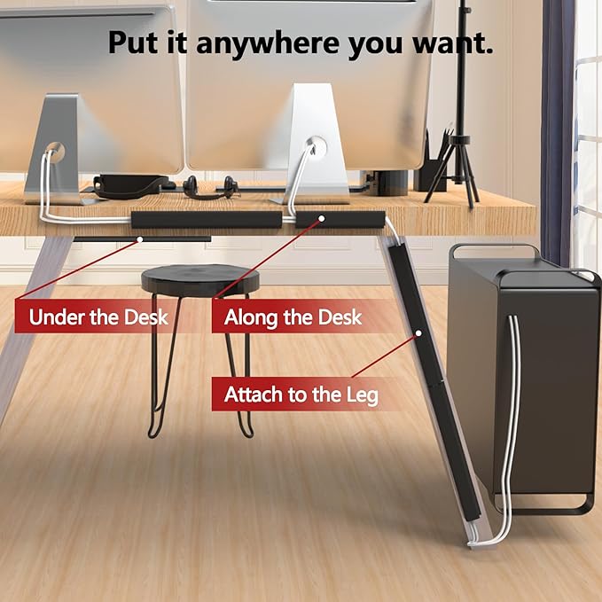 Under Desk Cable Management, 15.7 in Computer Cable Management Black, 6Pcs Self-Adhesive J Channel Wire Raceway, Computer Cord Hider for Home & Office, Kid & Pet Trip Prevention
