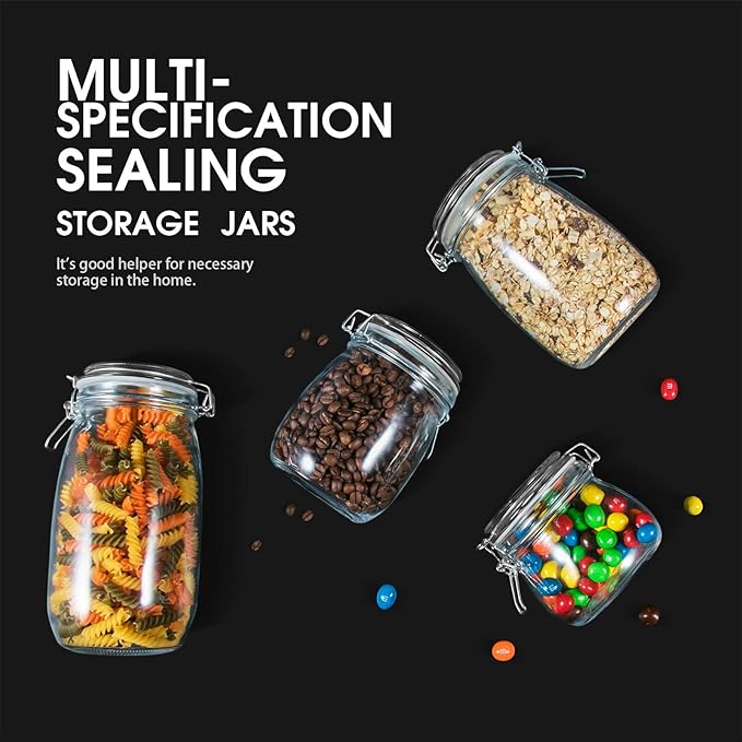 MASTERTOP 4pcs Glass Jars, Food Storage Containers Set with Airtight Lids, Canister Sets for Kitchen Counter, Cookies Sugar Coffee Nuts Spices, 15pcs Reusable Food Storage Bags, 50oz, 33oz, 26oz, 17oz