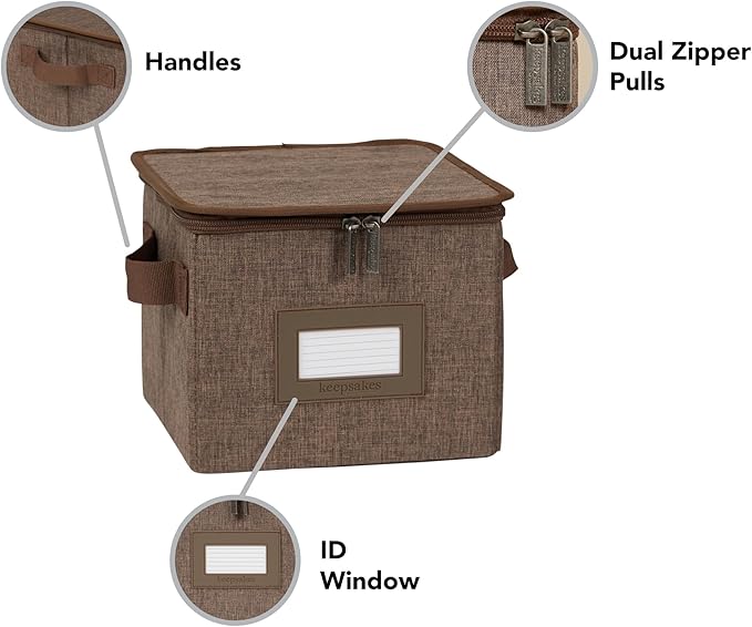 Covermates Dish Storage Box – China & Dinner Plate Storage Container with Dual Zippers, Reinforced Handles, ID Window & Stackable Structured Walls for Dishware Organization, Brown Heather