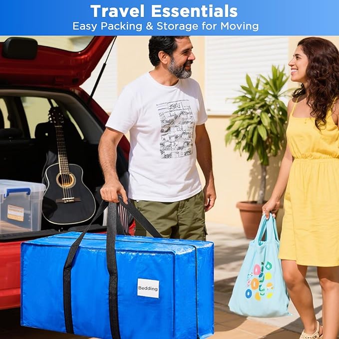 BETU Extra Large Moving Bags Heavy Duty Storage Bags with Zipper Handles, 4 Pack Clothes Storage Totes Bins Packing Moving Boxes, Moving Supplies for College Dorm Essentials, Space Saving, Blue