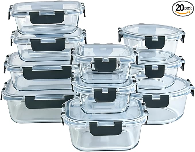 20-Piece Glass Food Storage Containers with Airtight Leakproof Lids - 10 Bowls & 10 Lids, BPA-Free Meal Prep Lunch Containers | Oven, Microwave, Freezer & Dishwasher Safe