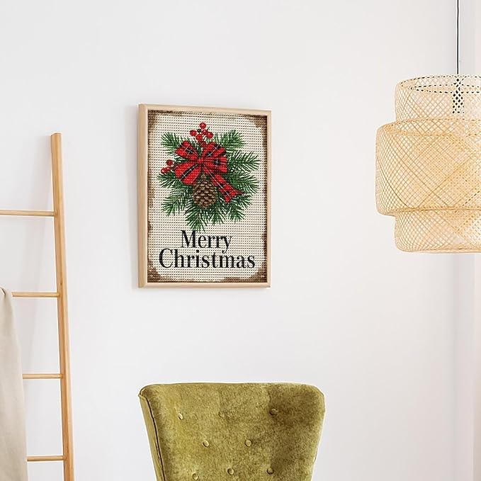 AIVKIEJK Diamond Painting Kits for Adults - Merry Christmas Holly, Pine Cones & Red Plaid Bow Painting DIY 5D Full Drill Diamond Dots Paintings with Diamonds Gem Art and Crafts Home Decor 16"x20"