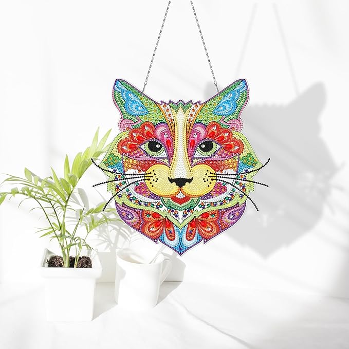 Colorful Leopard Head Diamond Art Hanging Pendant with LED Light String DIY 5D Panther Diamond Art Painting Wreath Hanging Sign Special Shape Beads by Number Stitch Kits for Home Wall Room Door Decor