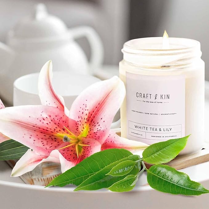Craft & Kin White Tea & Lily Scented Candle | 8 Oz 45 Hour Long Lasting | Classic Soy Scented Woodwick Holiday Candles | Made with Natural Soy | Winter Candles Gifts for Men and Women