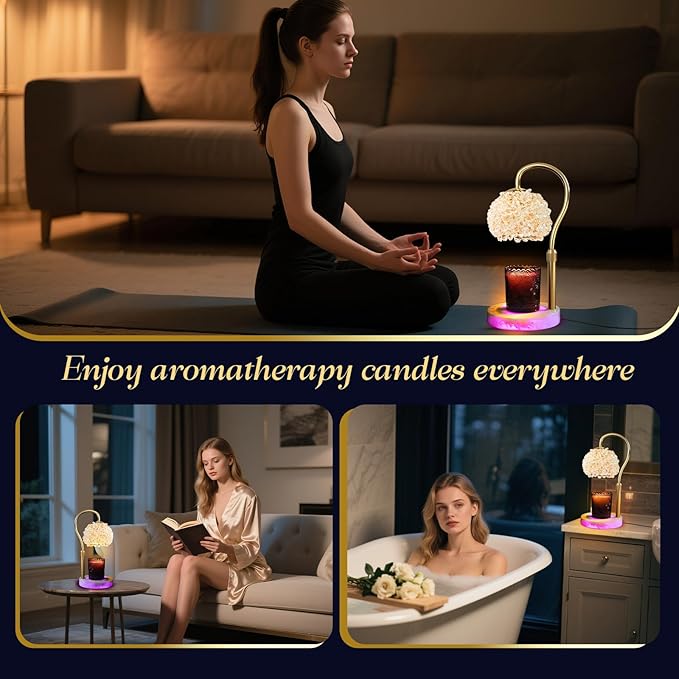 Candle Warmer Lamp with RGB Lighting - Dimmer Electric Candle Lamp Warmer Crystals Lampshade,Adjustable Height Wax Warmer Lamp with 2 Bulbs for Jar Candles,Gifts for Mom Womens(White)