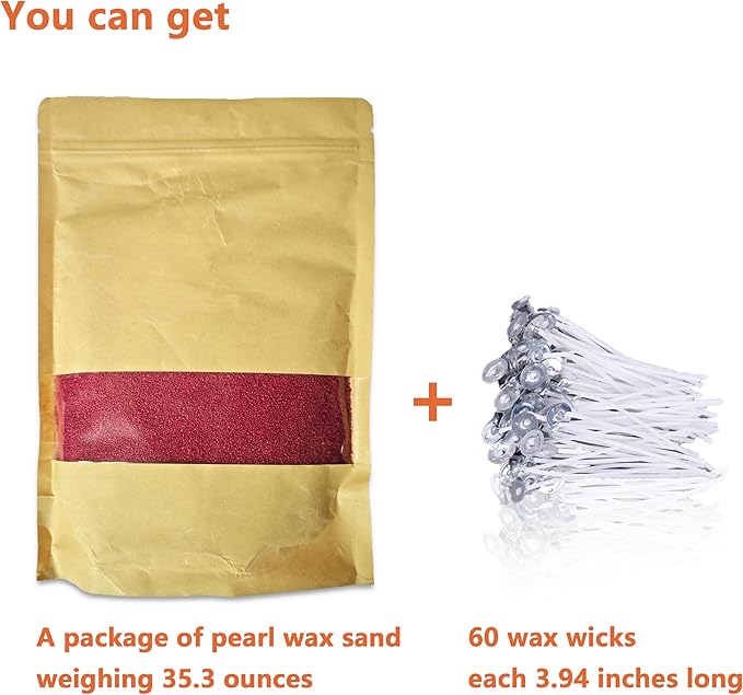 DRMAISON Pearled Candle Wax Sand DIY Kit - 35.3 oz, Rose Red, Non-Toxic&Smoke-Free, Refillable with 60 Wicks, Long-Lasting Flame, Highly Customizable for Wedding, Party&Holiday Decor