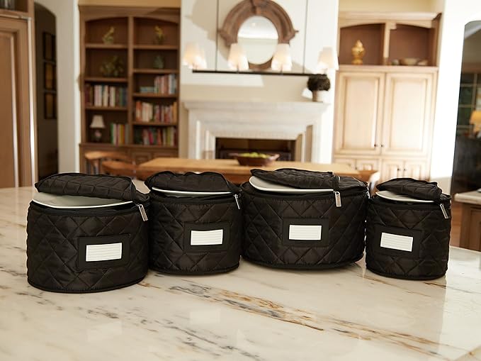 Covermates Keepsakes Dish Storage Set – Padded China & Dinnerware Storage Cases with Dividers, Cup & Stemware Storage, Quilted Polyester Protection, ID Window, Black