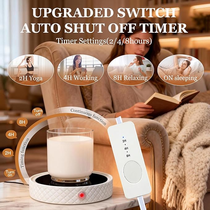 Candle Warmer Plate,with Timer Auto Shut Off Ceramic Electric Large Candle Wax Melt Warmer for Jar Candles, Mug Warmer Heater for Coffee Cup Beverage Milk Tea for Home Office(White)