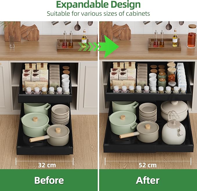 PAKETA 2 Pack Expandable Pull Out Cabinet Organizer, 21'' Deep Pull Out Drawers for Cabinet, Upgrade 3 Slide Rails Sliding Drawer for Cabinets with Adhesive Nano Film (Black, 21"D X 12-20"W)