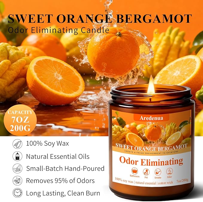 Sweet Orange Bergamot Odor Eliminating Candles | Eliminates 95% of Pet, Smoke & Bathroom Odors – 7oz Hand Poured Non-Toxic Soy Candle - Air Freshing Scented Candle Gifts for Positive & Relaxation