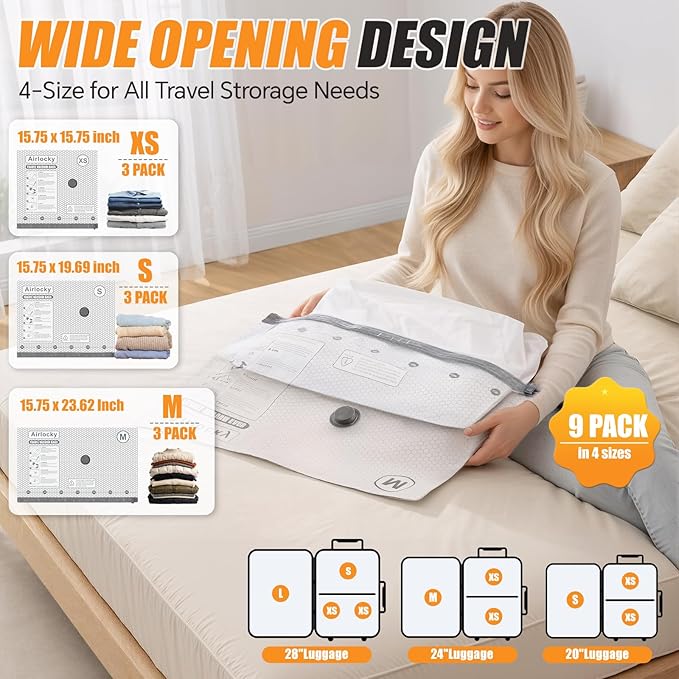 Travel Vacuum Storage Bags with Pump, 9 Pack Carry-on Compression Packing Bags + Portable Electric Pump, 80% Space Saver of Clothes, Vacuum Seal Bags for Clothing Travel Luggage