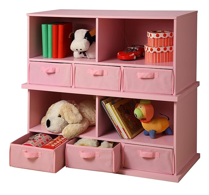 Badger Basket Stackable Toy Storage Organizer - 5-Shelf Modular Unit with 3 Removable Fabric Bins, Solid Panel Construction, Expandable Design for Toys and Crafts - Pink