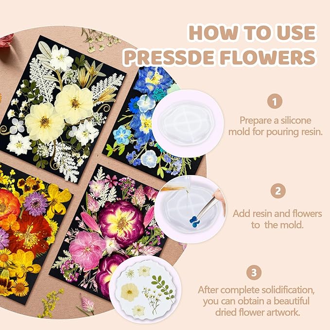 142Pcs Dried Flowers, Dried Pressed Flowers for Crafts, Natural Dried Pressed Flowers for Resin with DlY Butterfly Stickers&Tweezers for Photo Frames, Scrapbooks, Candles, Jewelry Making, Resin Molds