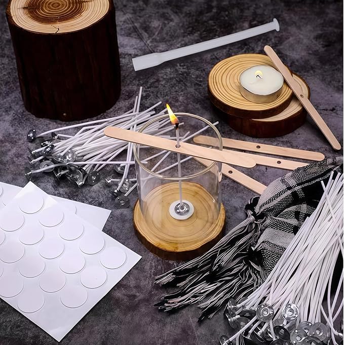 105 Pcs Candle Wicks Kit for Candle Making Cotton and Wooden Wicks Holders Stickers Ballpoint Pen for Soy Beeswax DIY Candles