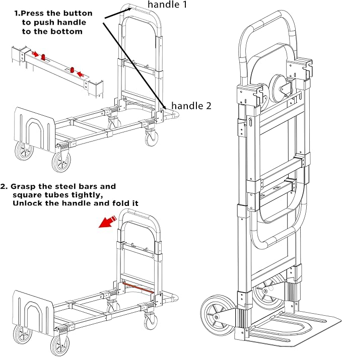 3 in 1 Convertible Hand Truck Dolly Cart with Wheels Collapsible/Folding handtruck Dolly / 22 Lb / 2 Straps/Adjustable Height/for Luggage/Carton/Warehouse/Supermarket/Office / 500Lb Load