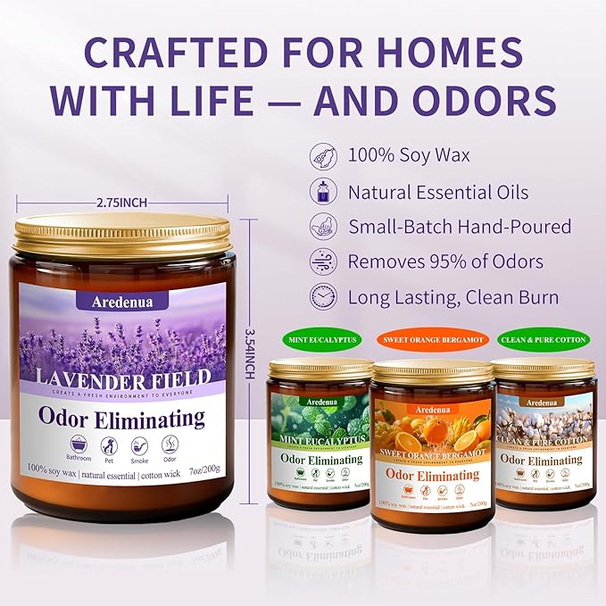4 Pack Odor Eliminating Candles Set - Eliminates 95% of Pet, Smoke, Food & Other Smells - Hand Poured Non-Toxic Soy Candle, Air Freshing Scent of Lavender/Orange/Mint/Cotton - Gifts Set for Women