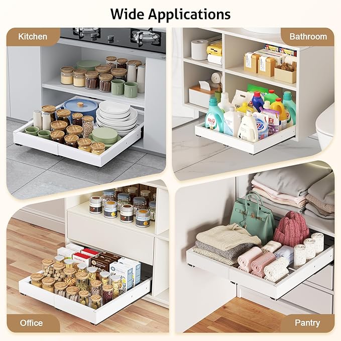 Pull Out Cabinet Organizer, Expandable Width (11.4"-18.9") Depth (16.3"-21.7") Pull out Drawers for Cabinets with 3 Rails, No Drill Adhesive Film or Nail Fixed Slide out Drawers for Kitchen, Pantry