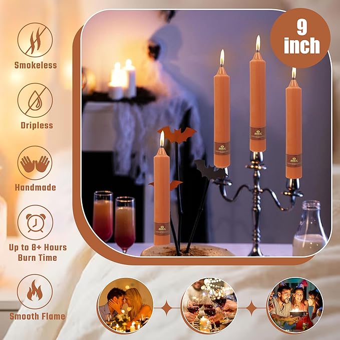 4 Pack Handmade Pumpkin Taper Candles Sticks Unscented 9 inch Tapered Candle Ideal as Dinner Smokeless Long Burning Candlesticks for Halloween Thanksgiving Dinner Autumn Wedding Home Decor Candles
