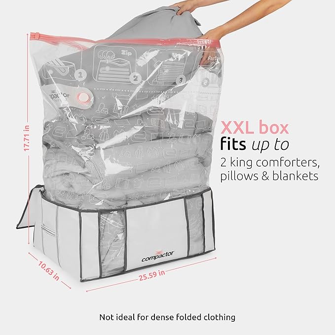 Compactor 3 Pack Vacuum Storage Bags with Semi-Rigid Structured Boxes, Polypropylene & Nylon Vacuum Storage Bag, Vacuum Seal Bags for Clothing and Bedding, Closet Organizer (White, XXL)